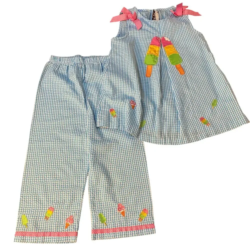 Rare Editions blue gingham ice cream embroidered tank shirt pant set SIZE 6
